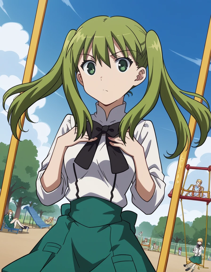 score_9, score_8_up, score_7_up, source_anime, <lora:carnivalphantasm-chikagi-katsuragi-ova-ponyxl-lora-nochekaiser:1>, chikagi katsuragi, long hair, twintails, green eyes, green hair, bangs, medium breasts, skirt, school uniform, bowtie, black bowtie, green skirt, white shirt, long sleeves, collared shirt, turtleneck,, public park, playground, swing set, laughter, sunny day, , looking at viewer, hands on own chest,, solo,, dutch angle, cowboy shot