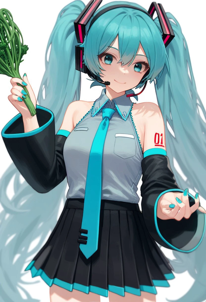 score_9,score_8_up, score_7_up,score_6_up,mochirong, 1girl, solo, long hair, , looking at viewer, smile, bangs, skirt, simple background, shirt, hair ornament, white background, holding,  shoulders, twintails, very long hair, closed mouth, cowboy shot, pleated skirt, detached sleeves, food, necktie, sleeveless, collared shirt, miniskirt, black skirt, nail polish, aqua eyes, sleeveless shirt, v, aqua hair, headphones, holding food, grey shirt, cropped legs, headset, aqua nails, aqua necktie, spring onion, vegetable, holding vegetable, hatsune miku