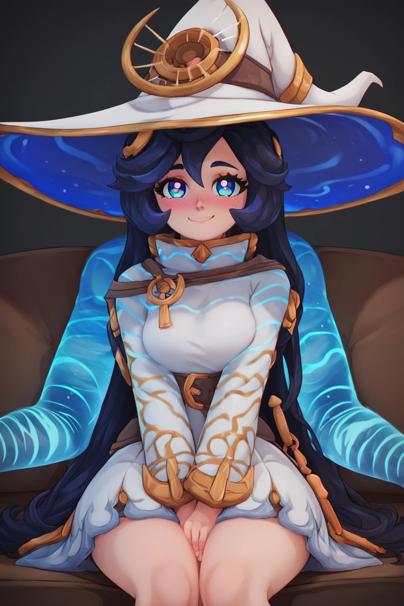 score_9, score_8_up, score_8, medium breasts, (curvy), cute, eyelashes,      ,,, zYstra, blue eyes, black hair, long hair,  hat, long sleeves, witch hat, dress, blue hair, white dress,  <lora:Ystra_AstralWitch_AlexisPflaum_PDXL:1.0> ,,, hand between legs, blush, smug,  ,,,  smile, looking at viewer, blush, blurry, couch, sitting,   ,,, <lora:Afrobull_PDXL_v5:0.8>, ,  ,,, BREAK,   smile, looking at viewer, cowboy shot,   embedding:zPDXL, Expressiveh, <lora:SDXLFaeTastic2400:0.5>,  <lora:Expressive_H-000001:0.4>,