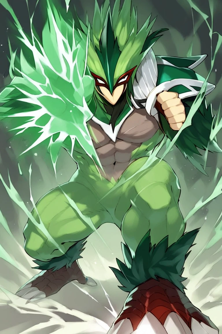 score_9, score_8_up, score_7_up, s anime origin, hero elemental avian, Mask, fighting pose, energy sphere in hands, Kame hame ha, full body, looking at viewer, front view