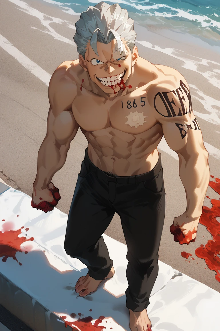 score_9, score_8_up, score_7_up, source_anime, rating_safe, day, natural lighting, male focus, clenched fist, excessive blood, looking at viewer, smiling, black_Andy_pectoral numeral writing, white_Andy_single chest tattoo, AndyUU, grey_Andy_slicked back hair, blue_Andy_eyes, black_Andy_arm tattoo, black pants, torn clothes, barefoot, legs apart, oversized arms, teeth, grin, happy, 1boy, blurry outdoors blood, blood splatter, blood droplet, blood spray, from above, dutch angle, intricately detailed illustration, atmospheric perspective, depth of field, realistic shading