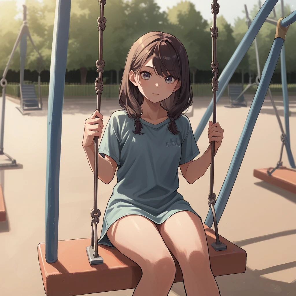 score_9, score_8_up, score_7_up, score_6_up, score_5_up, score_4_up, zPDXL2,source_anime,rating_questionable, 1girl, park, playground, cowboy shot, looking at viewer, <lora:SwingSet:0.8> sw1ng, sitting, swing, outdoors