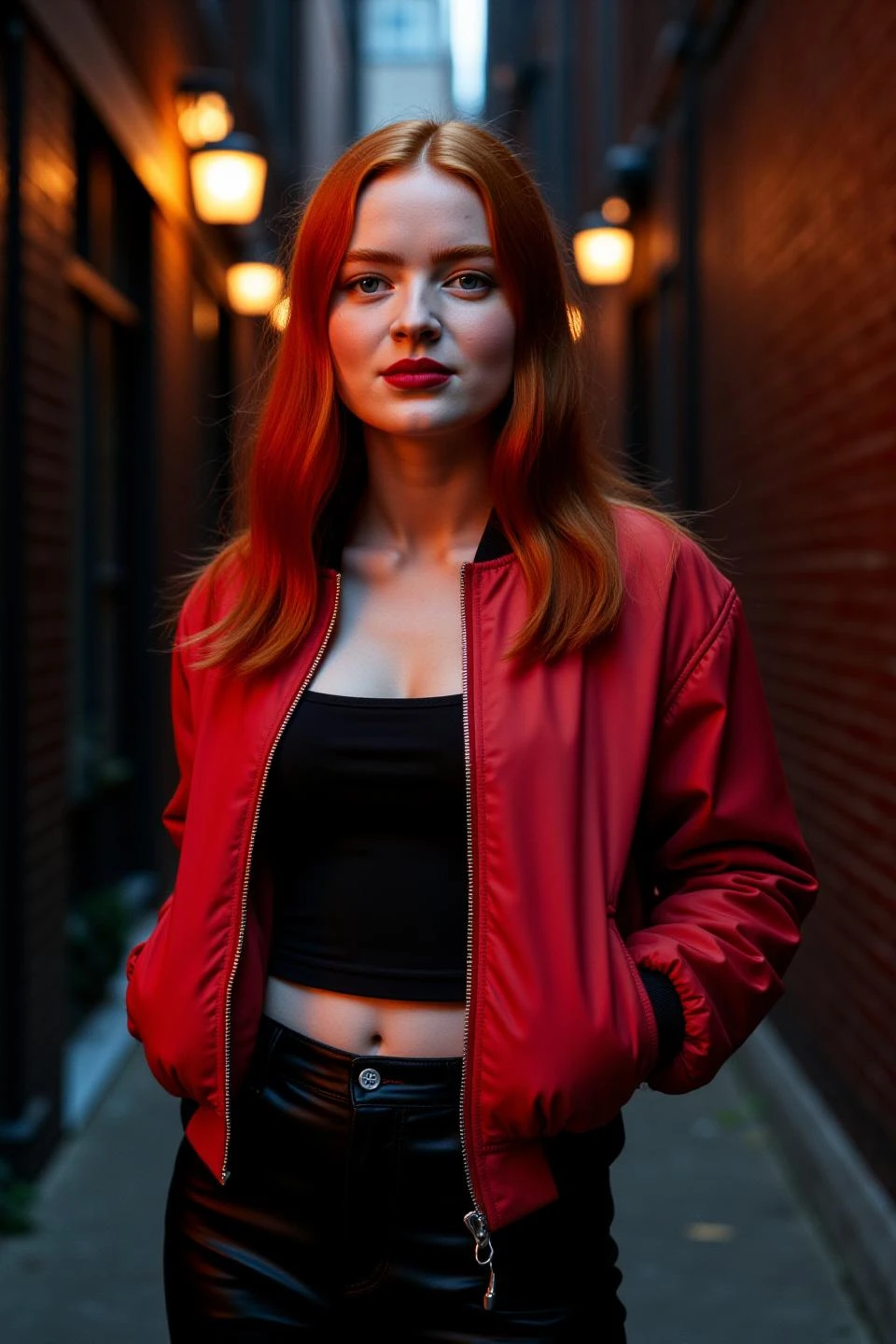 Central Figure:  The image showcases a portrait of Sadie Sink with sleek, straight red hair that falls 
just past her shoulders. Her hair is styled neatly, with a slight middle part that frames her face with precision and 
elegance. She is dressed in a bold, modern outfit that exudes confidence and a hint of edginess. She is wearing a 
tight tube top that hugs her figure, paired with a cropped bomber jacket that adds a touch of urban style to her 
ensemble. She completes the look with a mini pencil skirt that sits high on her waist, accentuating her form and 
adding a sleek, sophisticated edge to the overall attire. Her makeup is sharp and defined, with dark eyeliner 
emphasizing her eyes, and her lips are painted a deep, matte shade that adds to the intensity of her look. Pose and 
Expression:  In this close-up shot, the young woman stands confidently in a dark, moody city alleyway. Her posture is 
strong and assertive, with her shoulders slightly back, conveying a sense of empowerment. Her head is held high, 
and she gazes directly into the camera with a piercing, self-assured expression. Her eyes are captivating, 
filled with a quiet intensity that draws the viewer in, and her lips are set in a subtle, knowing smile that suggests 
both confidence and a hint of mystery. The overall pose and expression perfectly capture the essence of a young woman 
who is unafraid to embrace her individuality and make a statement. Background and Setting:  The background places her 
in a dark city alleyway, with the tall, shadowy buildings creating a narrow, enclosed space that adds a sense of 
depth and intrigue to the scene. The alleyway is dimly lit by a few scattered streetlights, casting long, 
dramatic shadows across the brick walls and pavement. The darkness of the setting contrasts sharply with the vibrant, 
reflective elements of her bomber jacket, making her the focal point of the image. The textures of the rough brick 
and the slick, wet pavement are subtly highlighted, adding a gritty, urban feel to the overall composition. The 
background is blurred enough to keep the focus on her, yet detailed enough to suggest the city's lively, yet secluded 
atmosphere. Lighting and Ambiance:  The lighting in the photograph is low-key, with deep shadows and selective 
highlights creating a moody, dramatic atmosphere. The primary source of light comes from a distant streetlamp, 
casting a soft glow that illuminates her face and upper body, while leaving the background in deeper shadows. The 
lighting emphasizes the contours of her face, her sleek hair,  adding depth and dimension to the image. The interplay 
of light and shadow enhances the mysterious, edgy vibe of the scene, perfectly complementing her confident pose and 
intense expression. The overall ambiance is one of urban sophistication, with a touch of raw, gritty realism that 
adds to the image's striking impact. Camera and Technical Details:      Camera Angle: The camera is positioned 
slightly above eye level, capturing a close-up shot that focuses on her face and upper body, ensuring her expression 
and outfit are clearly visible against the dark, textured background.     Focal Point: The focus is sharp on her 
face, particularly her eyes and the defined lines of her jaw and lips, keeping her expression and the details of her 
outfit at the forefront of the composition.     Aperture: f/2.8 to create a shallow depth of field, keeping her in 
sharp focus while allowing the dark alleyway background to blur softly, adding to the moody, intimate feel of the 
photograph.     ISO: 400 to adapt to the low-light setting, capturing the scene with minimal noise while maintaining 
the clarity and vibrancy of the image.     Lighting: The lighting is dramatic and directional, with the low-key 
illumination creating strong contrasts between light and shadow, adding intensity to the overall scene.     Shutter 
Speed: 1/60s to ensure a crisp capture of her expression and outfit, while allowing the low-key lighting to enhance 
the image's dramatic effect.  Additional Details:  The composition skillfully blends the edgy, urban vibe of the city 
alleyway with the bold, confident energy of the young woman's outfit and expression. The shot allows her intense gaze 
and the sleek, modern details of her attire to take center stage, while the dark, moody background adds depth and a 
sense of intrigue to the scene. The lighting, with its selective highlights and deep shadows, enhances the overall 
atmosphere, creating a photograph that exudes both sophistication and raw, urban energy. The final image is a 
powerful portrait that captures the essence of a young woman who is unapologetically bold and self-assured, 
set against the gritty, yet stylish backdrop of the city.