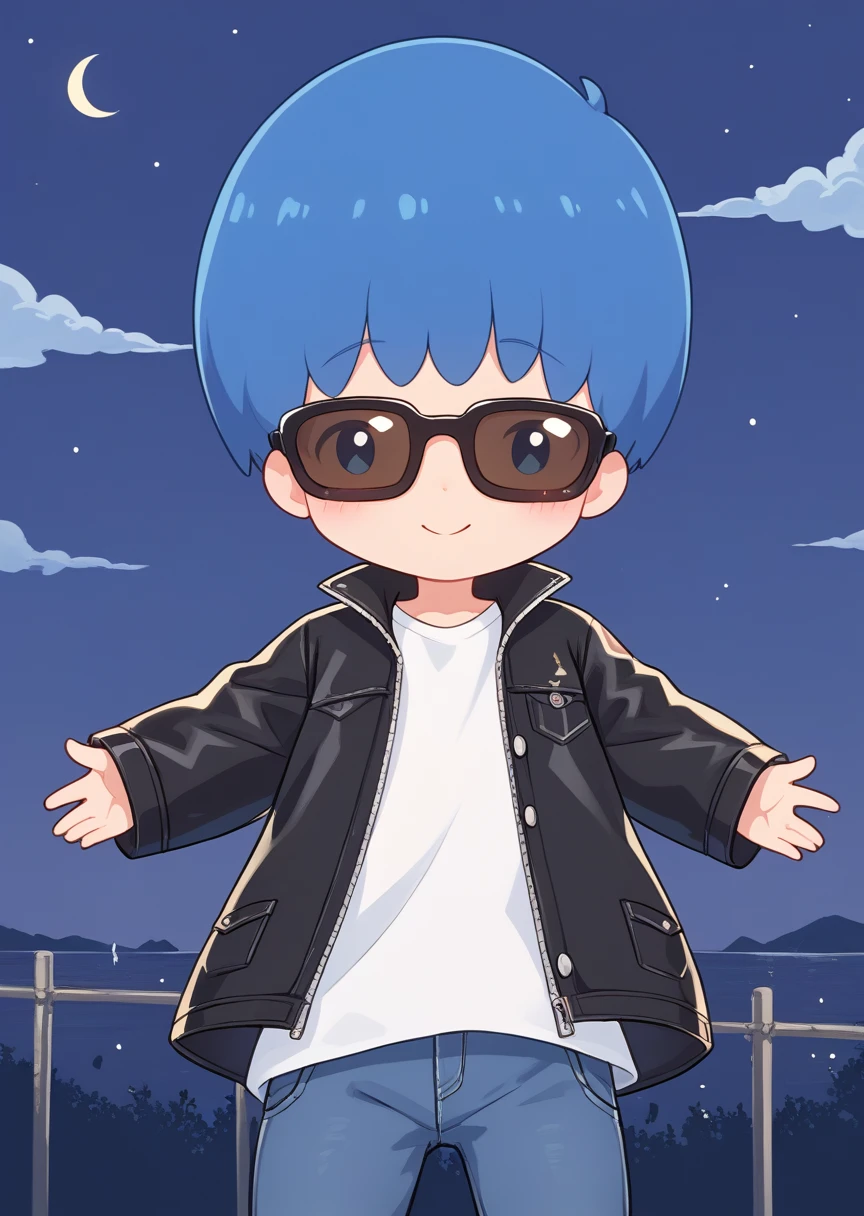 score_9, score_8_up, score_7_up, score_6_up, score_5_up, , BREAK
kikitw1n, human, male, solo, blush, smile, short hair, , long sleeves, 1boy, blue hair, male focus, night sky, cloud, chibi,, leather_jacket, white shirt, jeans, sunglasses