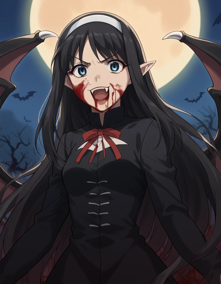 score_9, score_8_up, score_7_up, source_anime, <lora:carnivalphantasm-akiha-toono-ova-ponyxl-lora-nochekaiser:1>, akiha toono, tohno akiha, long hair, blue eyes, black hair, hairband, white hairband, medium breasts,, <lora:vampire-ponyxl-lora-nochekaiser:1>, vampire, red eyes, pointy ears, fangs, black dress, wings, blood, blood on face, blood on mouth, bat (animal), halloween, halloween costume, upper teeth only, night, moon, blush, smile, open mouth, , dutch angle, cowboy shot