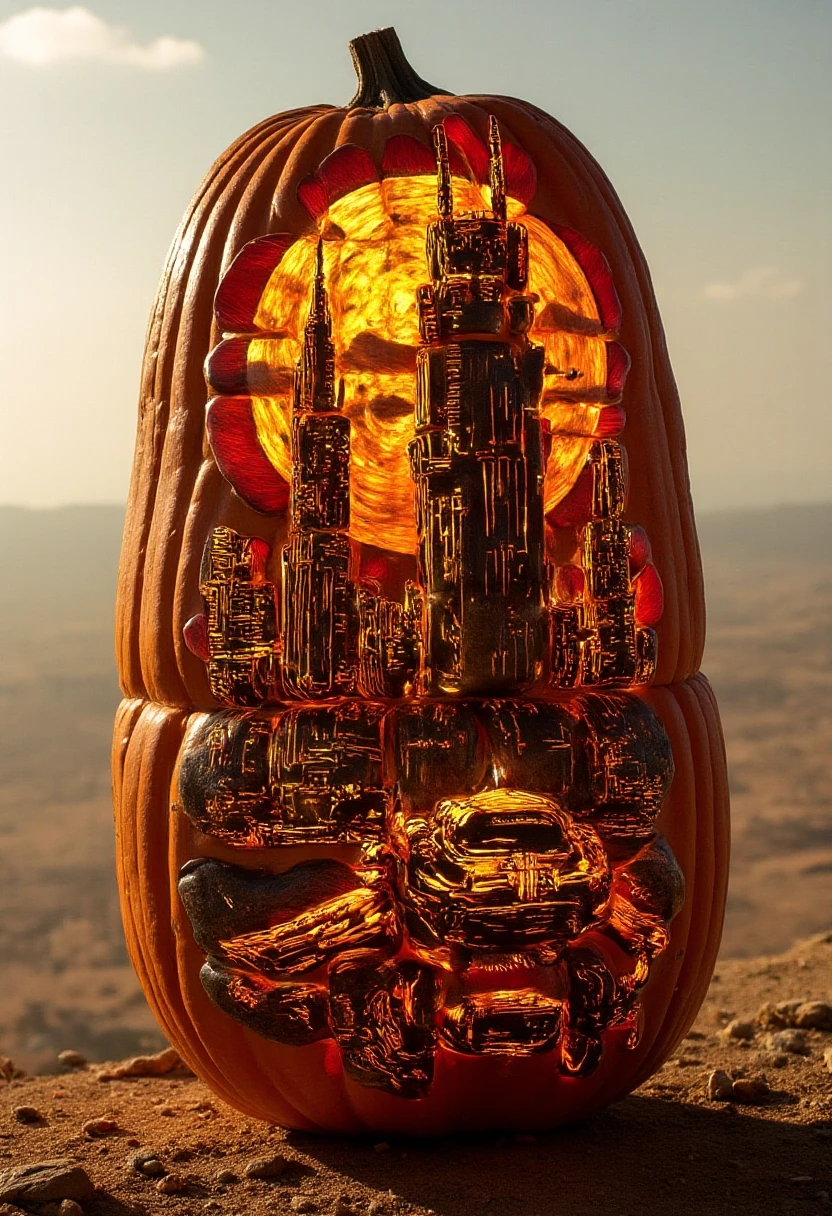 A giant stack of pumpkins where each scratch reveals a different dystopian cityscape, towering skyscrapers made of organic materials, and futuristic vehicles. The overall look merges nature and technology in a stunning contrast. Like the concept art for a high-tech, eco-future movie.