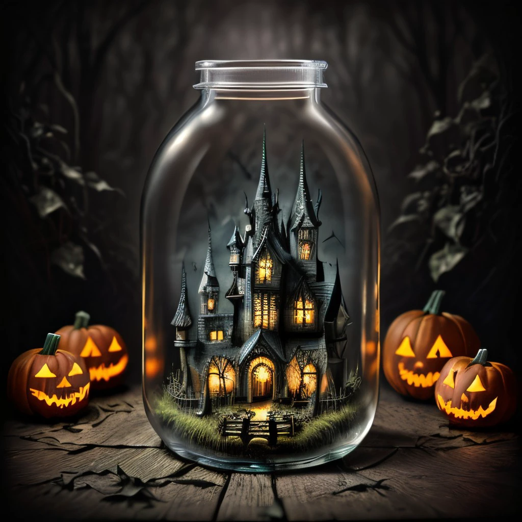 masterpiece, intricate photo, enchanted swamp, haunted house in a glass bottle, fantastic magic forest, gothic style, vampire style, dark art, halloween style, pumpkins, photo realistic, highly detailed, sharp focus, cozy outdoor lighting, best quality, high resolution, 8K,  <lora:GlassBottle:0.8>