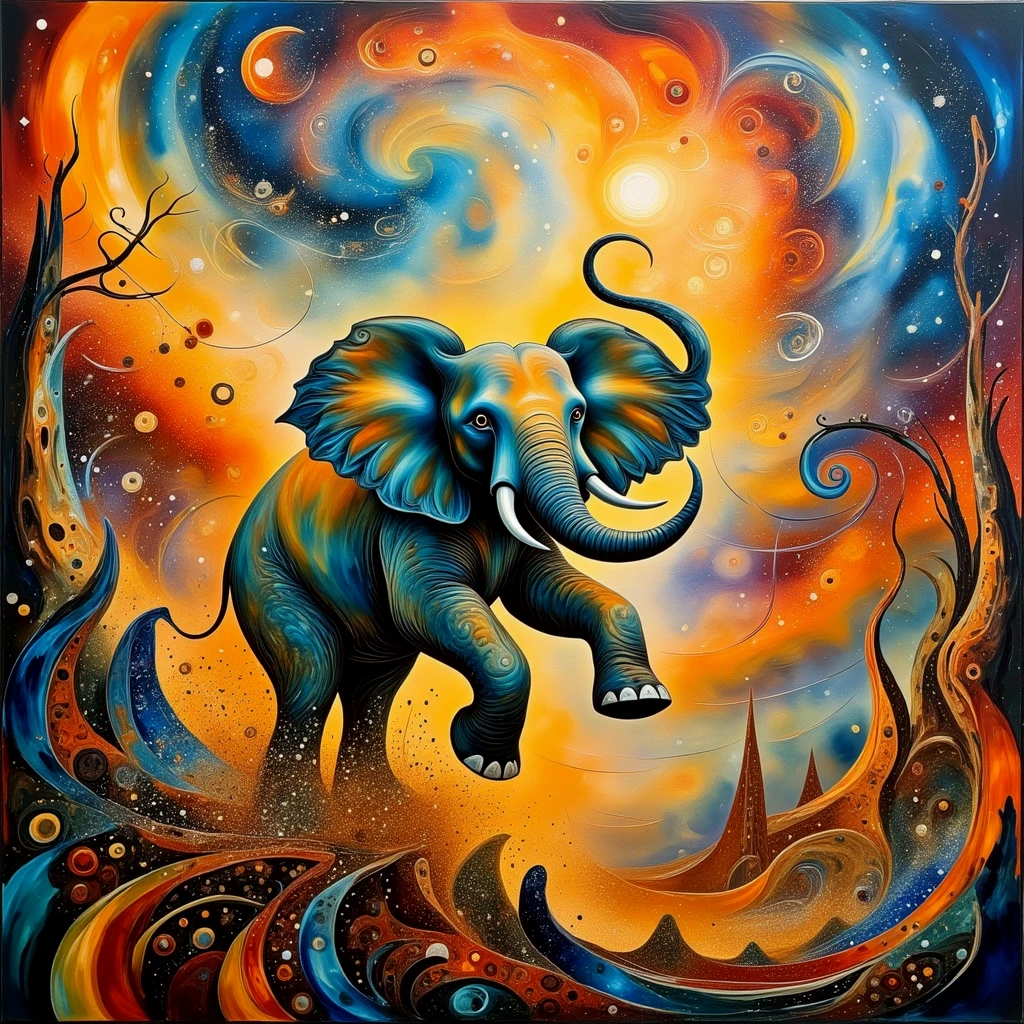 Abstract painting. Cosmic forces, flying elephant, surreal craft.

FlowAbsCE style

