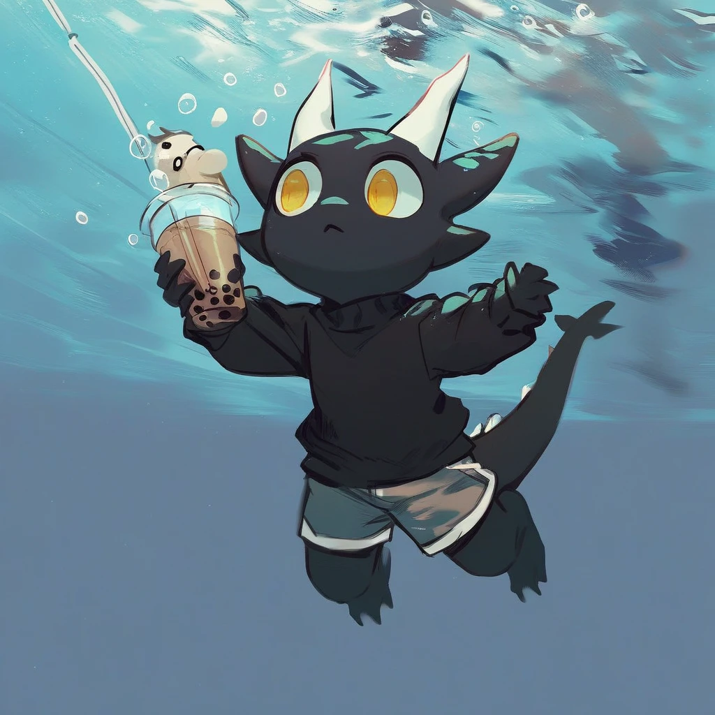 score_9_up, score_8_up, score_7_up, source_furry. mikus-concept, parody, underwater, swimming, album parody, nirvana nevermind, black dragon, black body, white horns, yellow eyes, holding, bubble tea, black sweater, gray shorts,