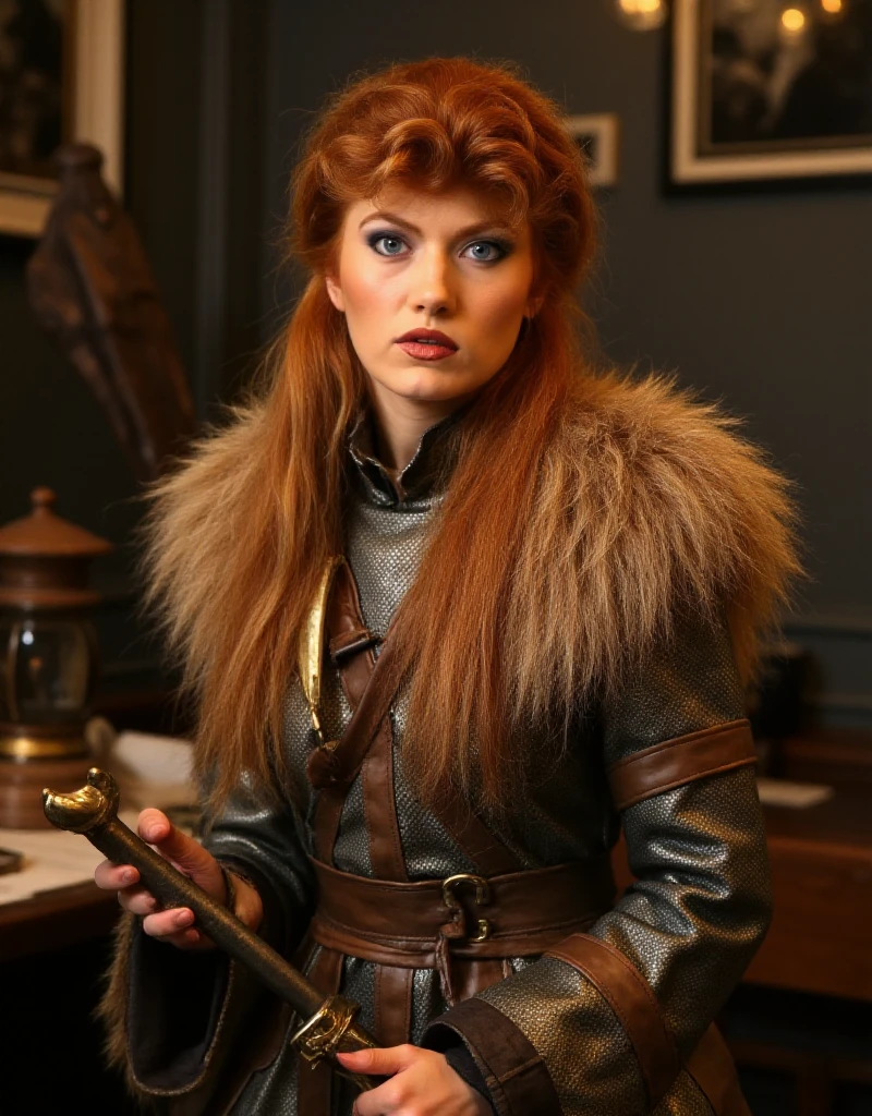 Vivienne Fovéa is a redhead woman.Her hairs are completly braided. She is a viking warrior and wears a light bronze armor and fur. she holds a big sword in an viking tavern<lora:Vivienne_Fovéa:0.9>