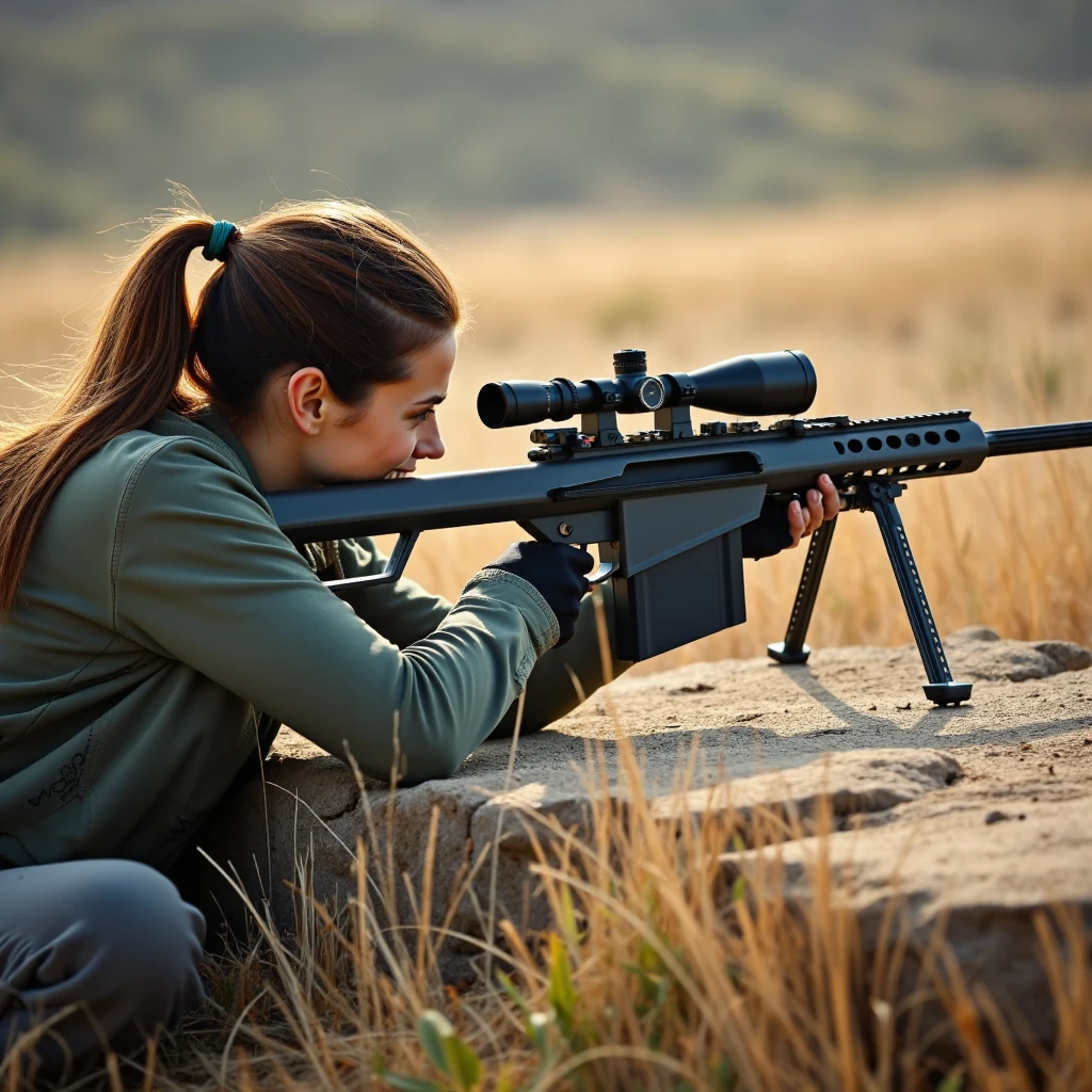 realistic photo of liluhs, a woman, she aims a Barrett M82, <lora:Barrett_M82:1>, weapon, gun, rifle, sniper rifle, scope, military, <lora:Liluhs:0.9>