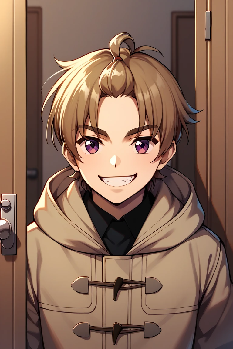 score_9,score_8_up,score_7_up,score_6_up,score_5_up,score_4_up,source_anime BREAK shinobu kajita, 1boy, male focus, solo, smile, looking at viewer, peeking out, grin, brown hooded duffle coat, teeth, upper body, door, black shirt