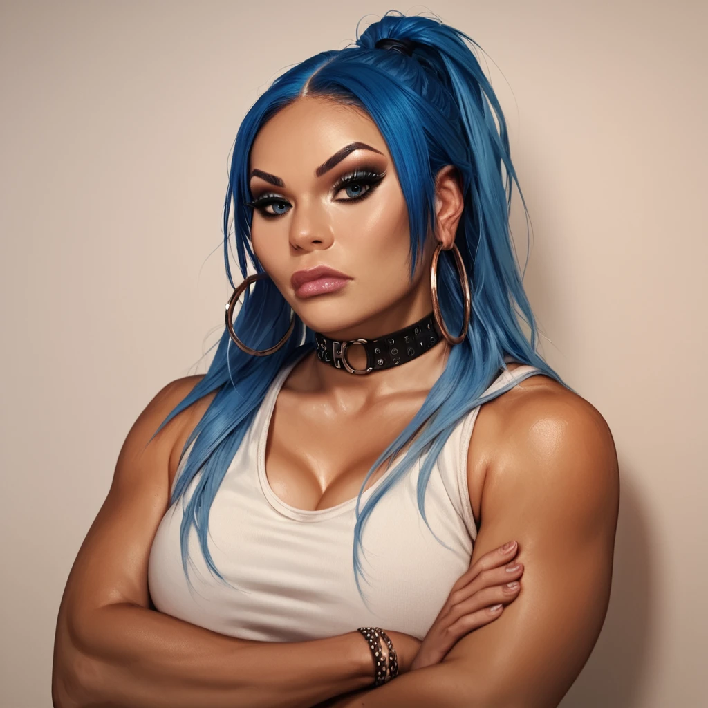 <lora:Pony_Mia_Yim_r1:1>,score_9, score_8_up, score_7_up, m1ay1m, 1girl, solo, large breasts, jewelry, bracelet, crossed arms, hoop earrings, earrings, realistic, choker, blue hair, lips, tank top, looking at viewer