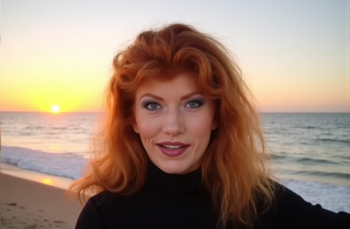 Vivienne Fovéa is a redhead woman. she wears a turtleneck. gopro hero view of her taking a selfie in front of the ocean at sunset. <lora:Vivienne_Fovéa:0.9>