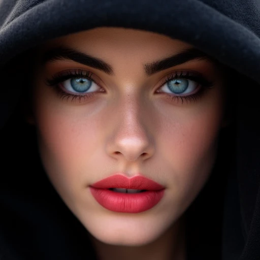 Close-up of Yael_shelb, blue eyes, red lips, black hoodie,