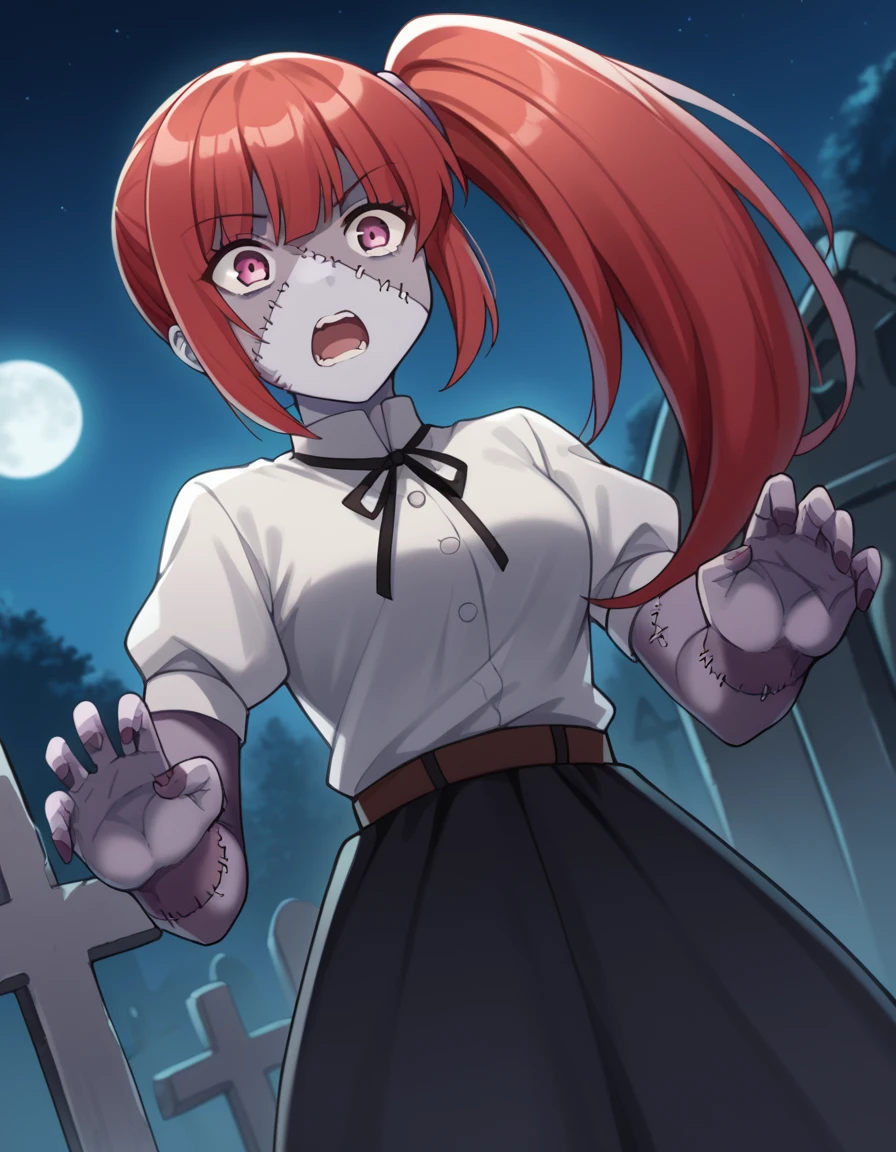 score_9, score_8_up, score_7_up, source_anime, <lora:chastille-lillqvist-s1-ponyxl-lora-nochekaiser:1>, chastille lillqvist, long hair, red hair, side ponytail, pink eyes, medium breasts,, <lora:zombie-ponyxl-lora-nochekaiser:1>, zombie, colored skin, stitches, grey skin, multicolored skin, stitched face, zombie pose, halloween, halloween costume,, night, moon, graveyard, tombstone, grave, open mouth, , dutch angle, cowboy shot