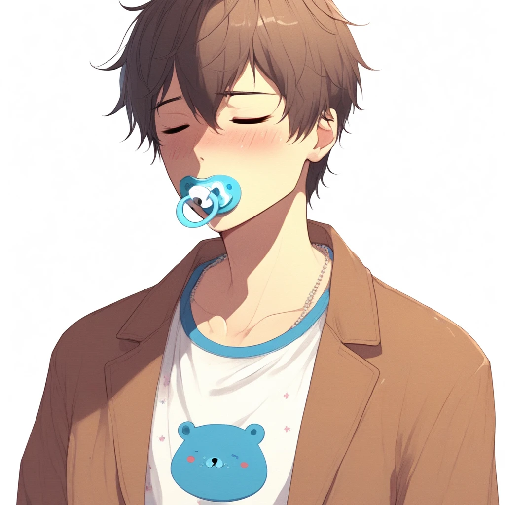 closed eyes, underwear, brown jacket, 2boys, mole under eye, piercing, pacifier, shirt, brown eyes, blue eyes
