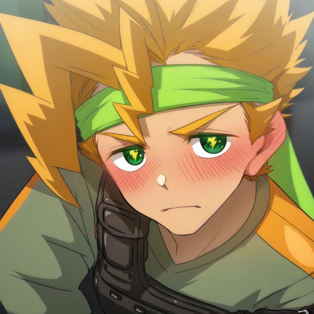 1boy,solo,shieru kaminari,gold hair,tanned skin,spiky hair,green headband,teal eyes,yellow thunder-shaped pupils,gray long sleeves t-shirt,vest bag,semi-realistic,blush