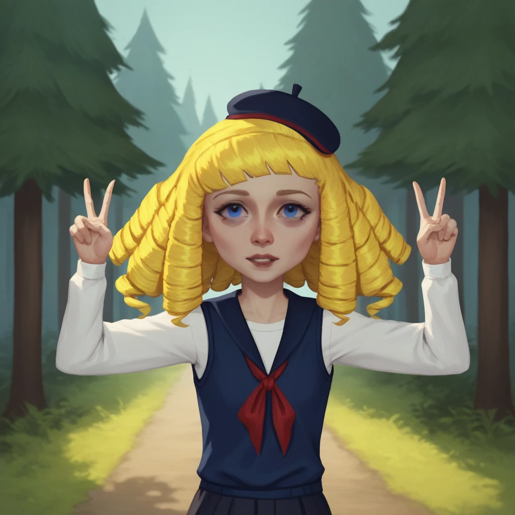 score_9_up, score_8_up, BREAK, NanetteManoir, 1girl, solo, blonde hair, drill hair, blue eyes, hat, white t-shirt, vest, long sleeves, cowboy shot, double v, <lora:NanetteManoir_PXL_Leaf2:1>, outdoors, forest,