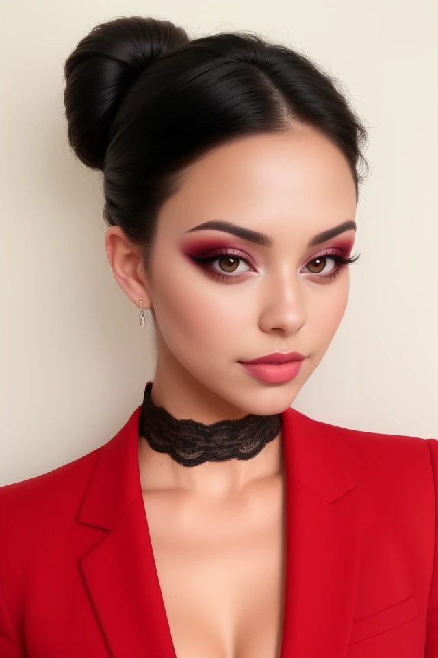 A young Brazilian girl with sleek black hair, styled into a neat low bun, wearing a red lace choker. She is dressed in a tailored black blazer over a red lace top, exuding elegance and confidence. Her soft makeup enhances the formal atmosphere,
preppy_girls
 <lora:preppy_girls_sd15_v1_epoch_23:1>