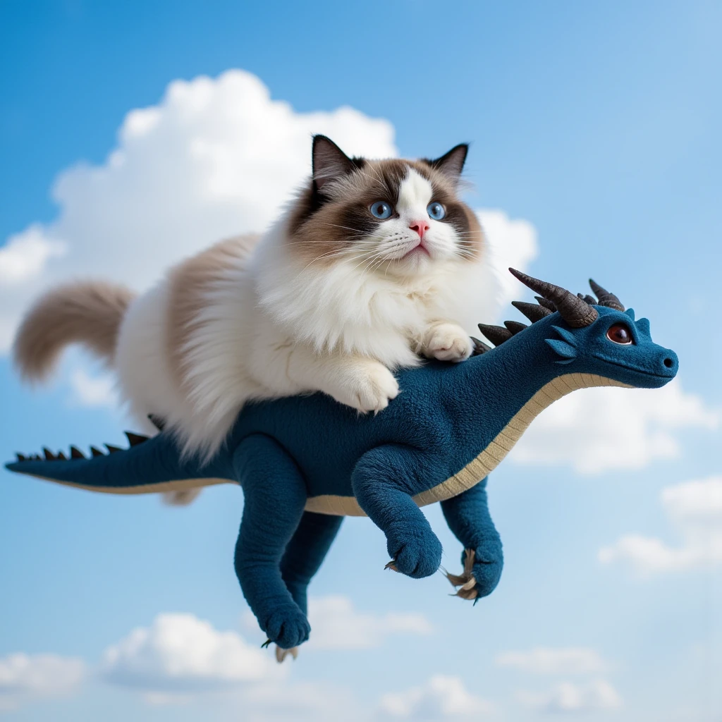 a professional photograph of sealbicolorragdoll cat, it is facing camera, riding a small dark blue dragon through a sunny sky with a few clouds, laying on its stomach on the dragon's back, two paws holding the dragon's neck. This is a high-resolution photograph taken with a DSLR camera, using a wide aperture f/2.8 to create a shallow depth of field, with an ISO of 200 and a shutter speed of 1/500s. 