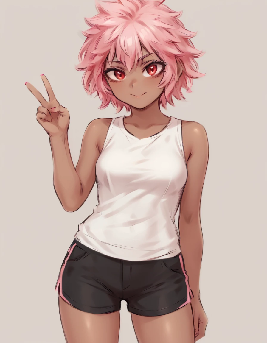 <lora:Shpo_test:1>shpo, 1girl, v, shorts, sleeveless shirt, dark skin, pink hair, red eyes, simple background