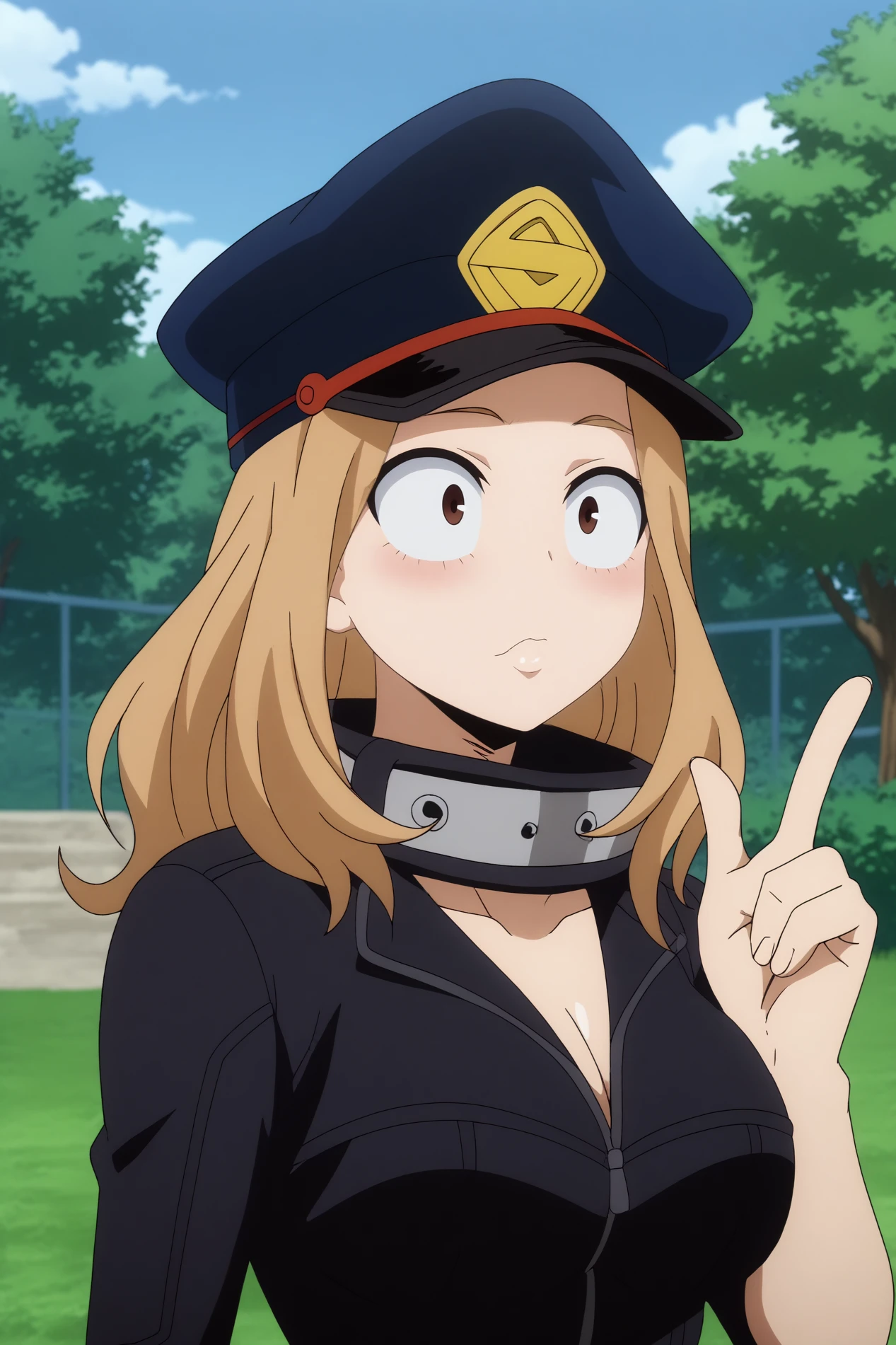  camie utsushimi,1girl,solo,breasts,hat,bodysuit,upper body,looking at viewers,black bodysuit,peaked cap,blonde hair,large breasts,wide-eyed BREAK outdoors,open field,tall trees,school buildings, light breeze      index finger raised,   <lora:Camie_Utsushimi_-_My_Hero_Academia.safetensors:0.8>