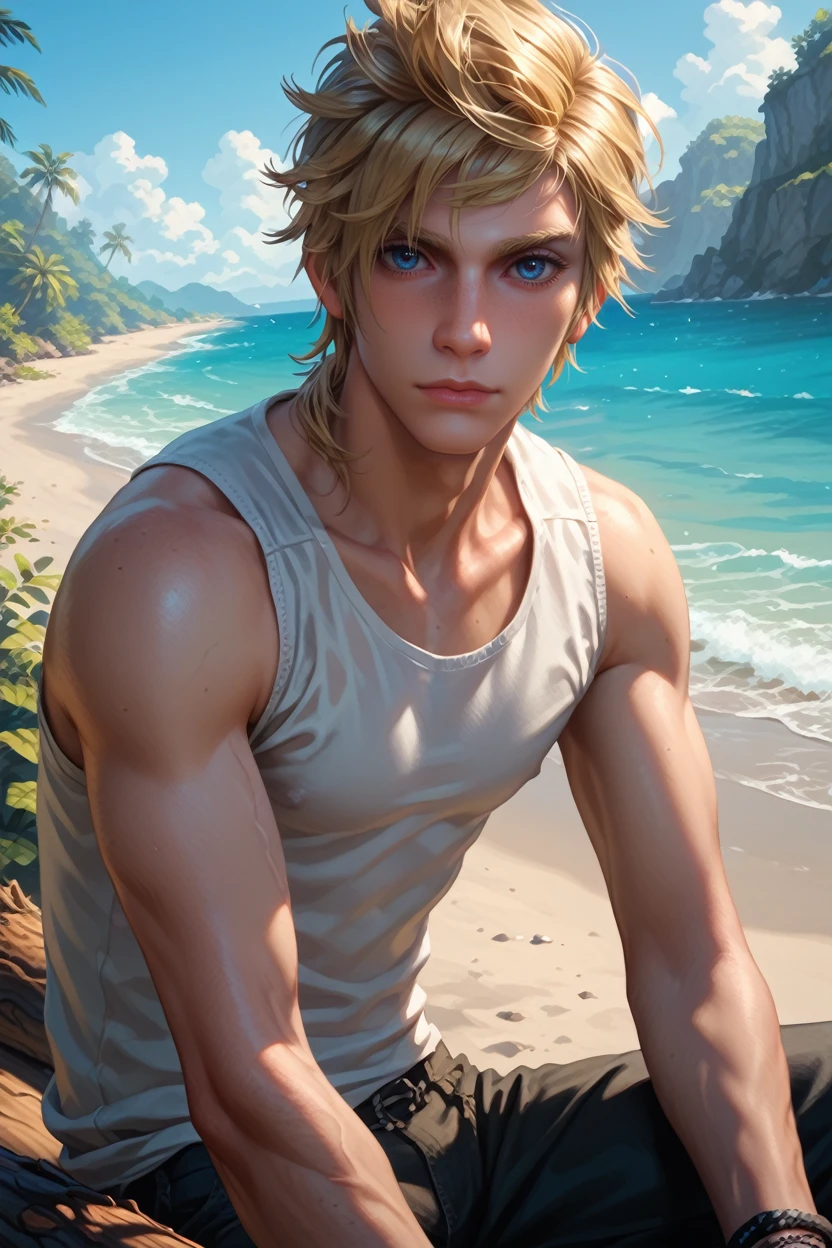 score_9, score_8_up, score_7_up,
<lora:FFPrompto:0.8>
FFPrompto, 1boy, blonde hair, blue eyes, looking at viewer, in a tank top, sitting on a large driftwood log, beach in the background, calm ocean, soft lighting, peaceful and relaxed atmosphere