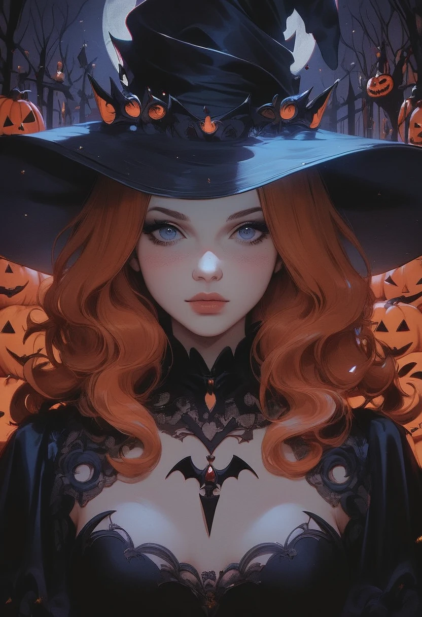 score_9, score_8_up, score_7_up, GLSHS, halloween, halloween background , 1girl, staring at viewer , black witch costume , orange hair , blue eyes , ((Masterpiece, high quality, best quality, beauty and aesthetics,detailed face))