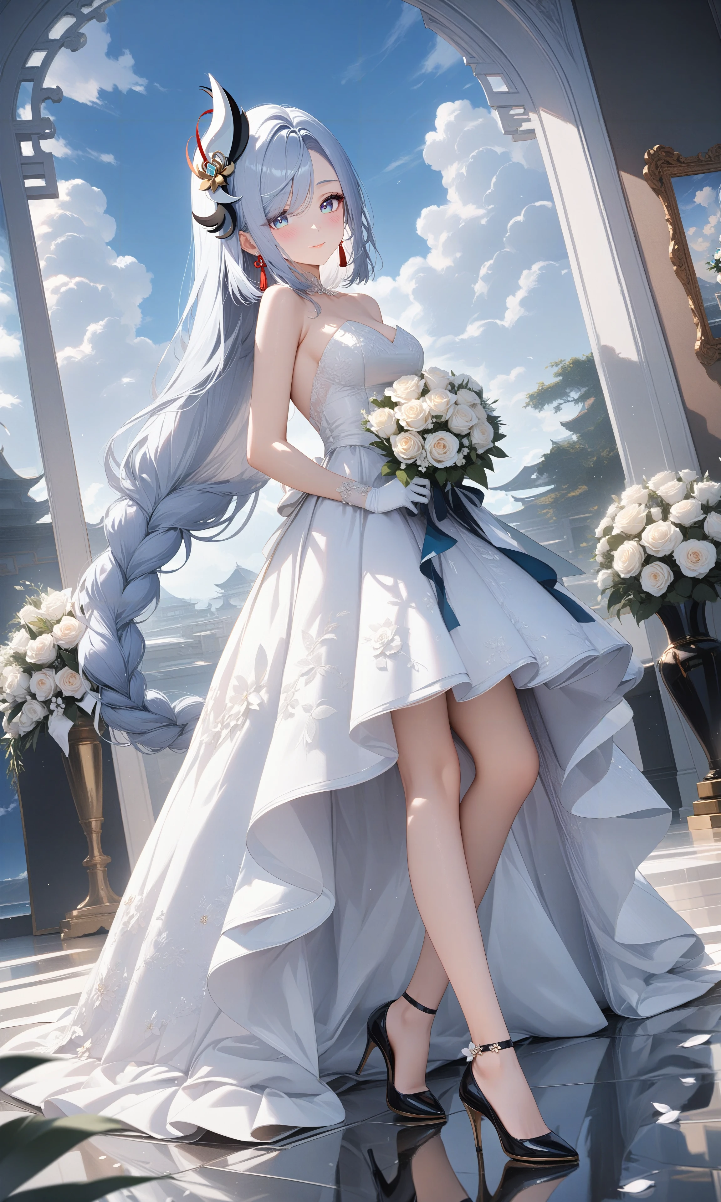 masterpiece,best quality,1girl,solo,medium breasts,
tj_shenhe,hair ornament,sliver hair,long hair,braid,
seductive pose,blush,smile,
looking at viewer,dress,holding,bare shoulders,closed mouth,standing,flower,sky,day,cloud,white gloves,black footwear,white dress,high heels,blue sky,strapless,rose,cloudy sky,white flower,bouquet,wedding dress,white rose,holding bouquet,painting (object),reflective floor,
highly detailed,ultra-high resolution,32K UHD,sharp focus,best-quality,masterpiece,unconventional supreme masterpiece,masterful details,with a high-end texture,in the style of fashion photography,Dynamic Angle,