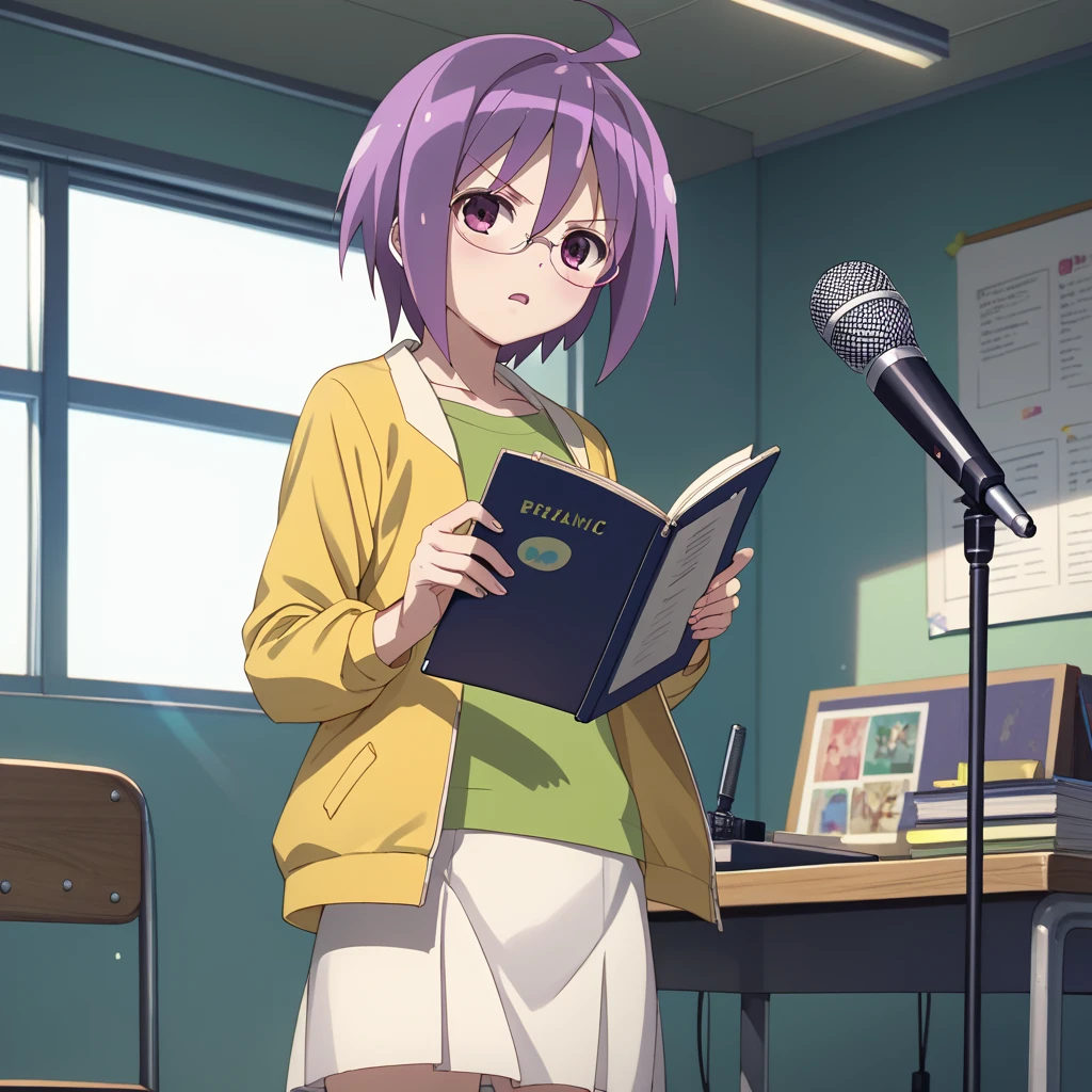 score_9, score_8_up, score_7_up, 1girl, solo, uncensored, futabaichinose, serious, holding notebook, reading, standing, open mouth, glasses, short purple hair, green shirt, yellow jacket, white skirt, indoors, studio, booth, microphone stand <lora:FutabaIchinoseXL_v1.0:1>