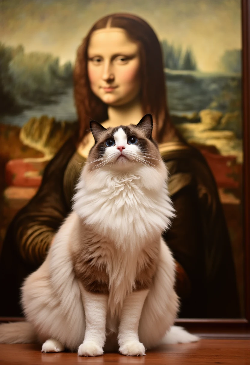 a professional photograph of sealbicolorragdoll cat in front of a mona lisa painting, it is facing camera, the painting is hanging in a museum with bright indoor lighting. This is a high-resolution photograph taken with a DSLR camera, using a wide aperture f/2.8 to create a shallow depth of field, with an ISO of 200 and a shutter speed of 1/500s. 