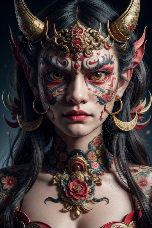 (high quality), (masterpiece), (detailed), 8K, Hyper-realistic portrait of a woman wearing a traditional Japanese Hannya mask, her intense gaze piercing through the intricate red and gold design. The mask's expression, a blend of anger and sorrow, contrasts with the serene background, creating a captivating and thought-provoking image.