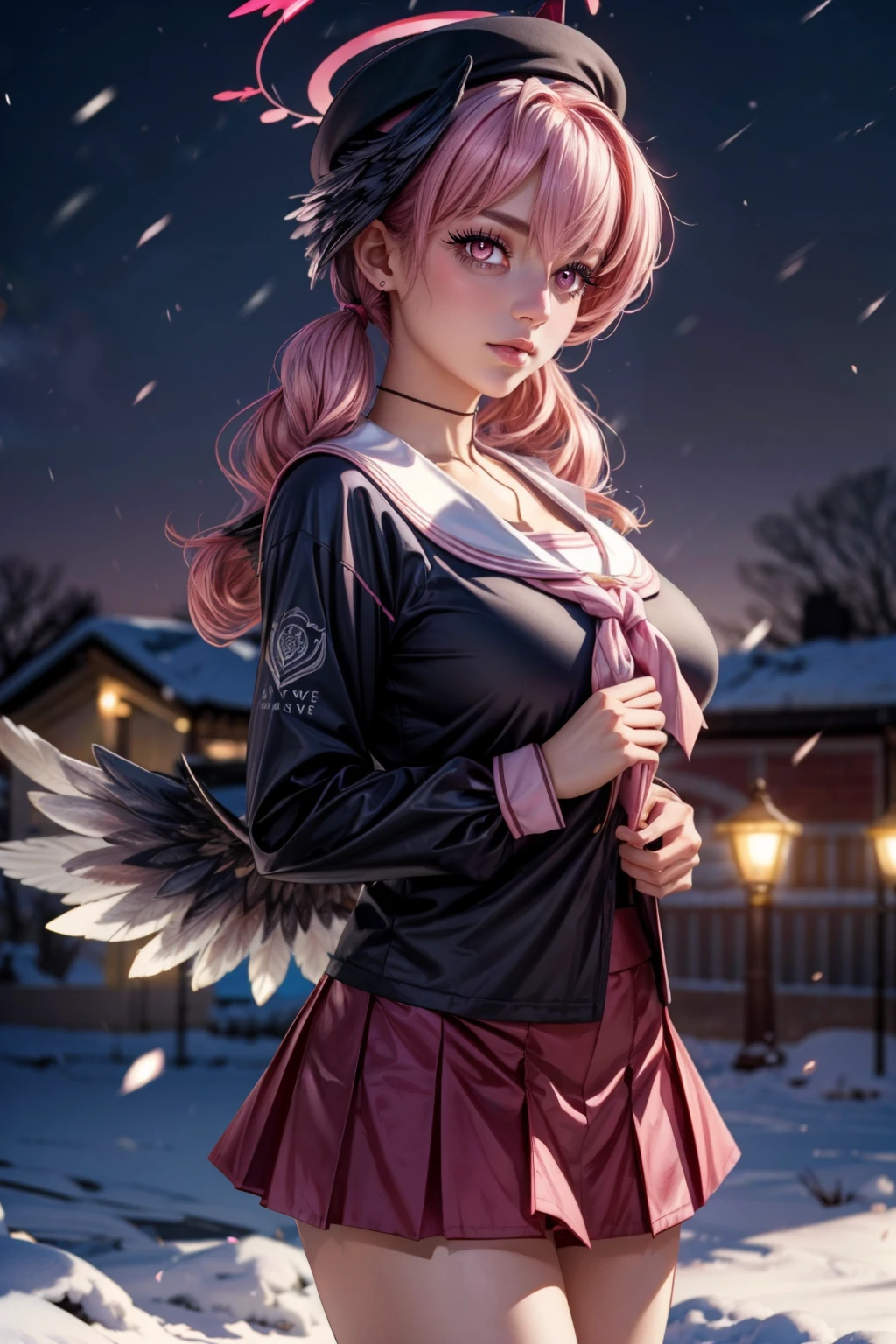 (ultra realistic,32k, masterpiece:1.2),(high detailed skin:1.1),( high quality:1.1), <lora:IllyasvielVonEinzbern_v1:0.7>, zzIllya, looking at viewer, night, outdoors, snowing, sky, BREAK,    <lora:Koharu_BlueArchive_Citron:0.8>, zzKoharu, pink hair, wings, head wings, black wings, twintails, feathered wings, halo, long hair, pink eyes, low wings, hat, black headwear, beret, pink halo black shirt, long sleeves, looking at viewer, pleated skirt, white sailor collar,  ,BREAK,  blooming stars, luminescent petals, otherworldly fragrance blurry background, (looking at viewer, standing:1.1), huge breast, large breast, <lora:add_detail:0.92>, (glowwave:1.1),