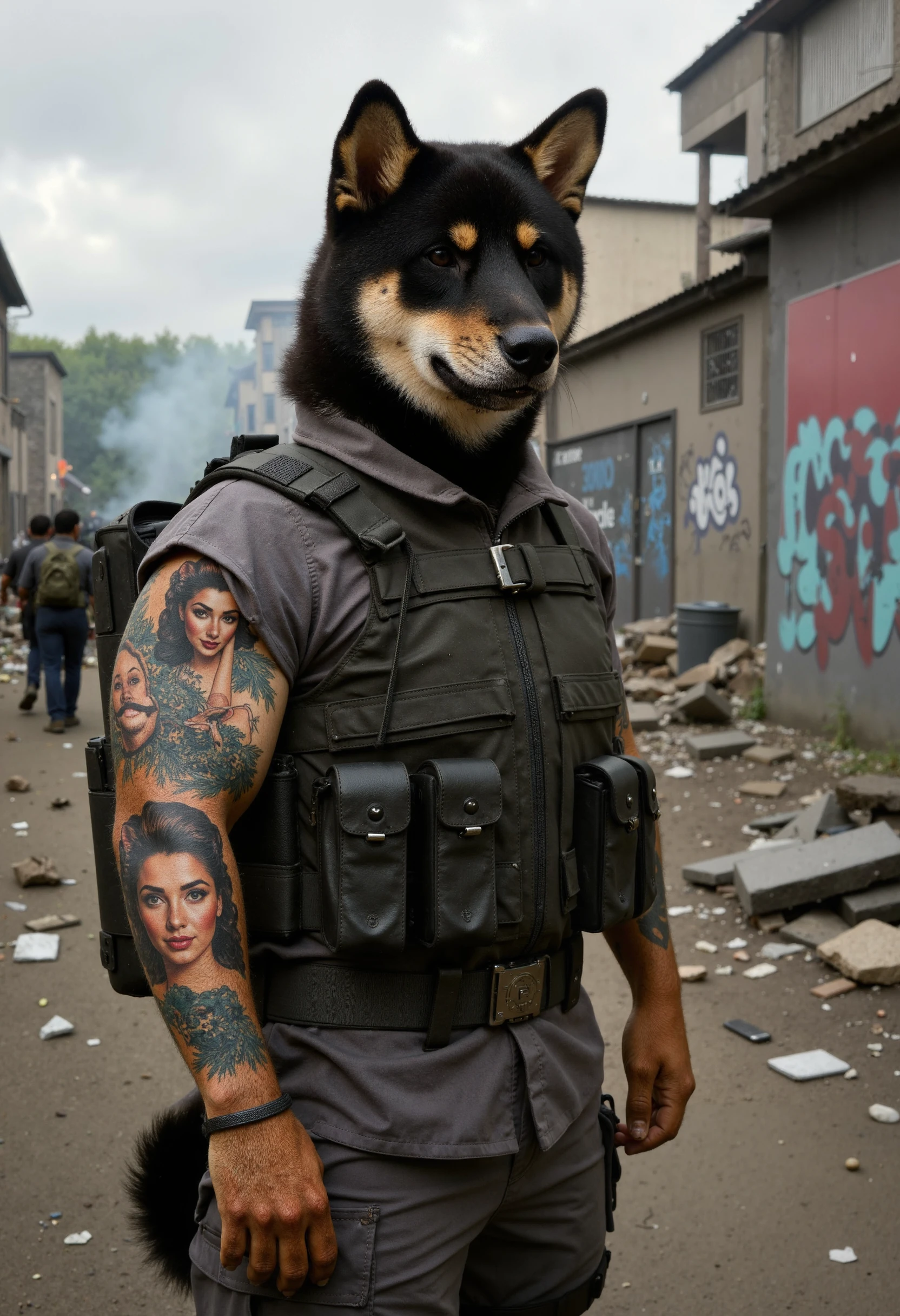 An anthropomorphic black and tan ch35t3r Shiba Inu soldier stands confidently in the midst of an urban combat zone, exuding a fierce and commanding presence. The dog showcases intricate tattoos on its forearms, featuring pin-up style girls in playful, vintage poses, each adorned with the faces of various dog breeds, blending charm and whimsy with the soldier's tough exterior. Its sharp, intelligent eyes convey determination and focus, framed by the natural fur on its hands, adding a touch of realism to its character. The soldier's rich black and tan fur contrasts sharply with the gritty, war-torn backdrop of crumbling buildings and scattered debris. The scene is set in a desolate urban environment, with smoke rising from distant explosions and the sounds of gunfire echoing through the air. The muted color palette emphasizes the somber mood, featuring shades of gray, brown, and olive green, punctuated by the occasional flash of color from graffiti on the walls. This powerful image is captured using a DSLR camera with a 35mm lens, set to a low ISO to enhance the details in the shadows and maintain a gritty texture. The overall composition evokes a sense of both humor and intensity, blending the playful charm of a Shiba Inu with the gritty reality of a soldier in the midst of conflict. <lora:Chester_the_Shiba_ch35t3r:0.9>