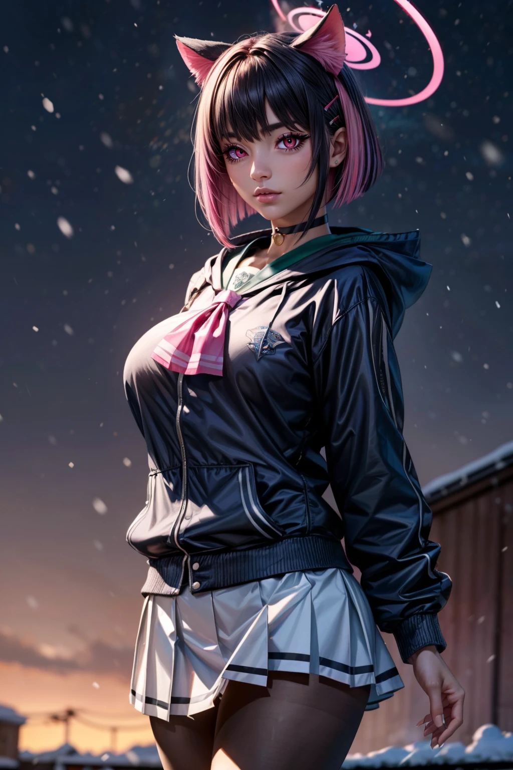 (ultra realistic,32k, masterpiece:1.2),(high detailed skin:1.1),( high quality:1.1), <lora:IllyasvielVonEinzbern_v1:0.7>, zzIllya, looking at viewer, night, outdoors, snowing, sky, BREAK,    <lora:Kazusa_BlueArchive_Citron:0.8>, zzKazusa, black hair, cat ears, animal ears, colored inner hair, multicolored hair, pink hair, short hair, halo, two-tone hair, extra ears, red eyes, hair ornament, hairclip, pink halo, pink eyes black choker, black jacket, hooded jacket, school uniform, pleated skirt, white skirt, pink neckerchief, black pantyhose, green sailor collar,   ,BREAK,  blooming stars, luminescent petals, otherworldly fragrance blurry background, (looking at viewer, standing:1.1), huge breast, large breast, <lora:add_detail:0.92>, (glowwave:1.1),