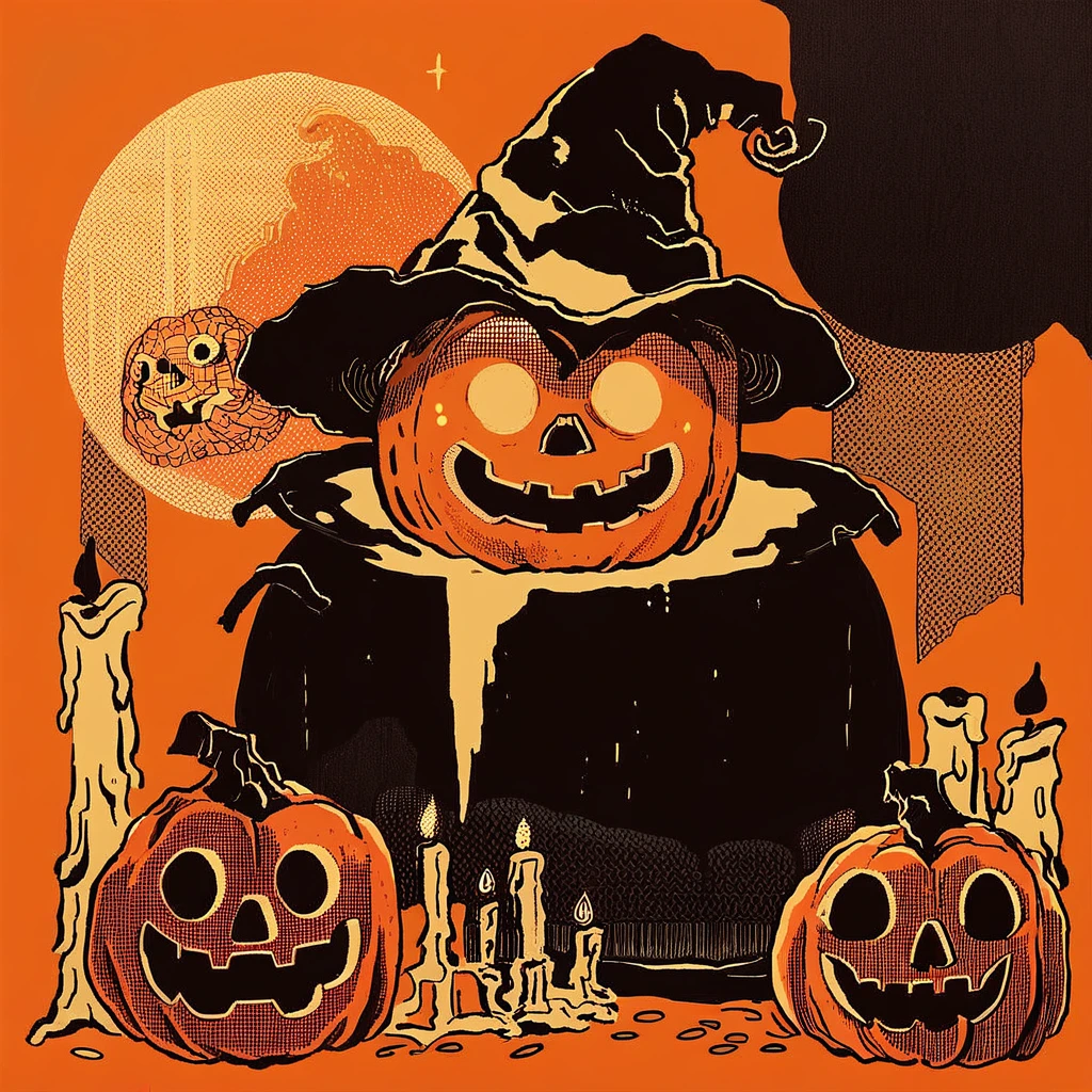 score_9, score_8_up, score_7_up, score_6_up, hllwn, halloween, vintage, hat, witch hat, jack-o'-lantern, halloween, no humans, moon, solo, pumpkin, halftone, candle, orange theme