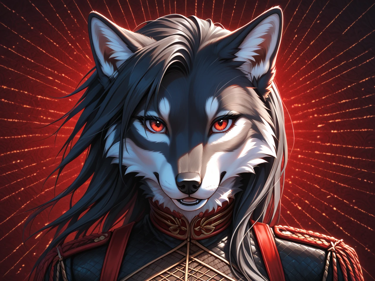 (masterpiece), (best quality), source_anime, perfect anatomy, digital_media_(artwork) hi_res, intricate, high quality, amazing quality, Highly Detailed, Perfect Face, ((furry female, black wolf, furry), red eyes, black hair, ((solid black fur))), detailed background, clothes,