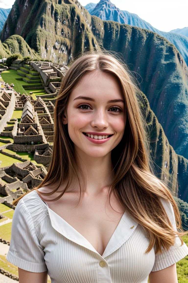 European woman, closeup, (shirt), pants, (machu picchu), (), smiling , ZM_esmee, wide shoulders, perfect face, (contact iris: 1.1), pale skin, skin pores , depth of field, Dramatic