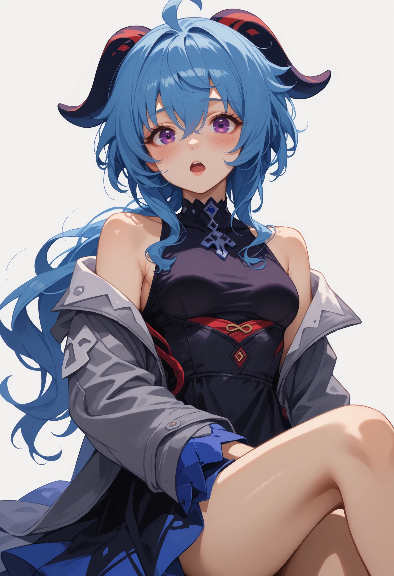 score_9,score_8_up,score_7_up,source_anime,1girl,solo,<lora:Isekgiganyu:1>,isekgignyu,blue hair,purple eyes,long hair,ahoge,sidelocks,bare shoulders,medium breasts,goat horns,thighs,high ponytail,hair between eyes,
black choker,black dress,blush,dress,choker,grey jacket,jacket,long sleeves,looking at viewer,open clothes,open jacket,open mouth,simple background,sleeveless,sleeveless dress,solo,white background,