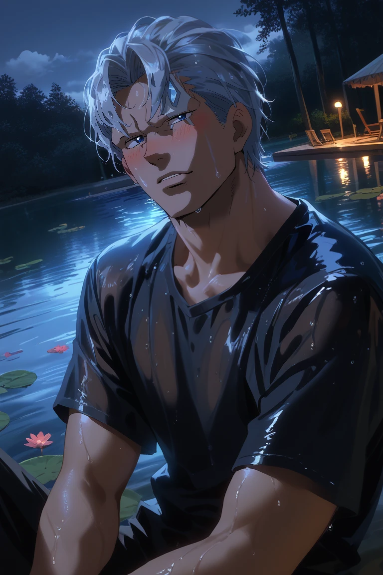 score_9, score_8_up, score_7_up, source_anime, rating_safe, night, dark, moonlight, natural lighting, male focus, manly, sitting, arms support, blushing, AndyUU, grey_Andy_male hair, blue_Andy_eyes, white_Andy_forehead mark, white_Andy_glass on forehead, wet clothes, wet hair, parted lips, head tilt, furrowed brows, 1boy, blurry outdoors pond, water, dutch angle,, intricately detailed illustration, realistic shading, atmospheric perspective, depth of field