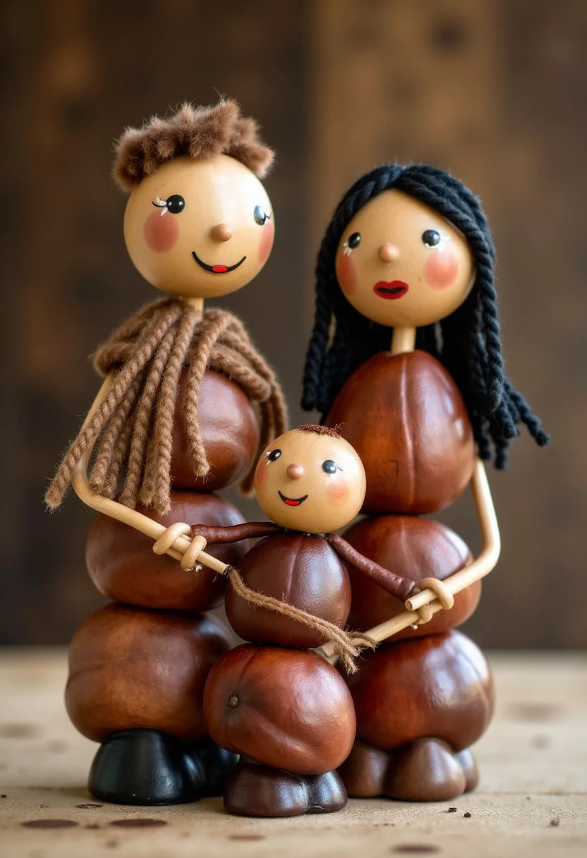 a_chestnut_craft, the chestnut craft shows figures, a family crafted from multiple round chestnuts <lora:ck-chestnut-crafts:1>