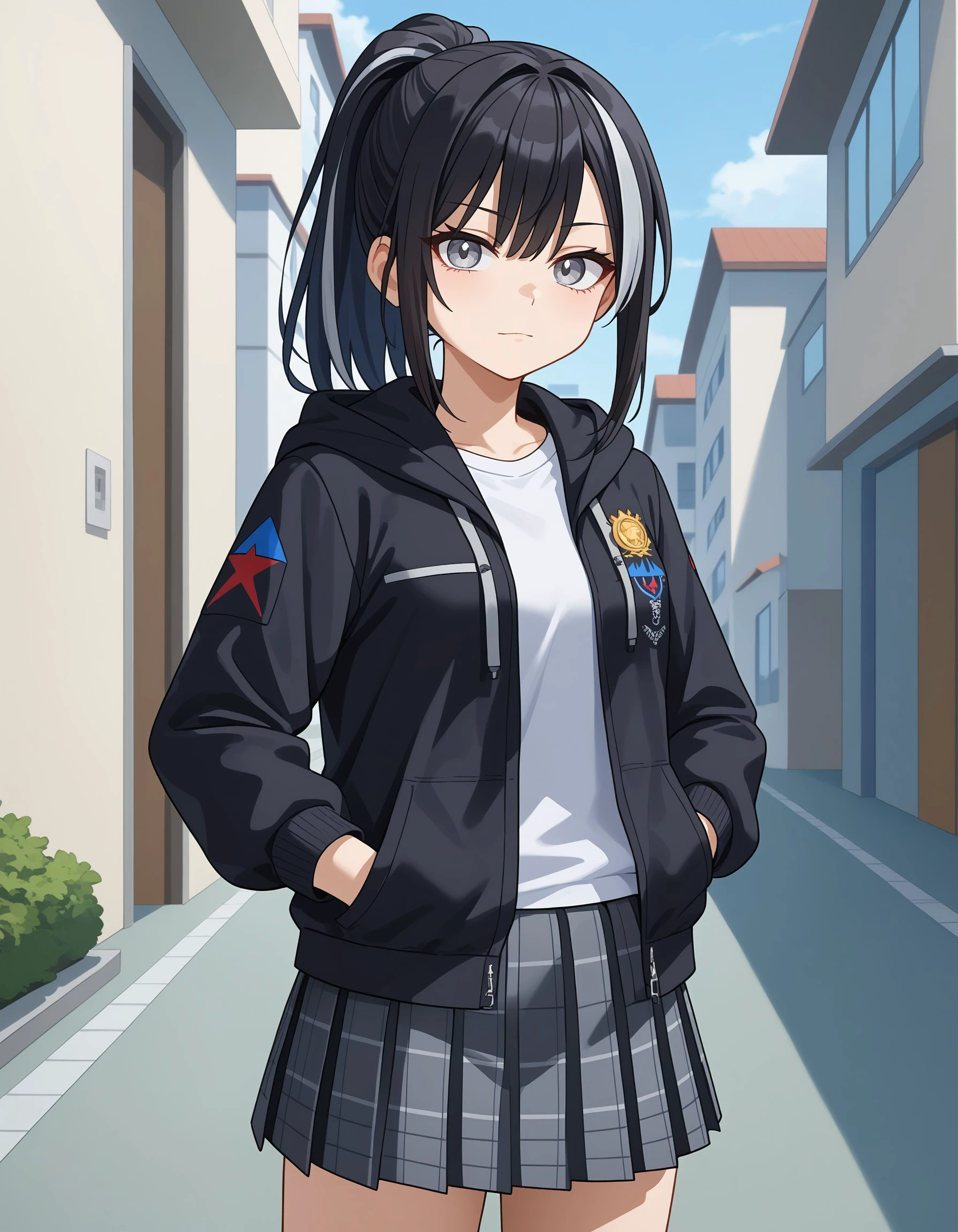 (masterpiece), best quality, expressive eyes, perfect face, grey eyes, streaked hair, black hair, ponytail, shika_s, looking at viewer, white shirt, black jacket, hoodie jacket, hand in pocket, grey skirt, pleated skirt, plaid skirt, miniskirt, <lora:fad0c685-1192-491b-a6bb-f0f72aa8d3e3:0.7>