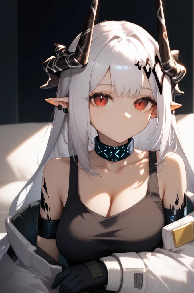 score_9_up,score_8_up,score_7_up,masterpiece,best quality,highres,absurdres,ultra-detailed,illustration,1girl,large breasts,looking at viewer,indoors,expressionless,mudrock \(arknights\),long hair,silver hair,horns,hair ornament,pointy ears,red eyes,choker,gloves,black tank top,sleeveless,armlet,collarbone,cleavage,<lora:!ææ¥æ¹è æ³¥å²©2 èªè£½:0.8>