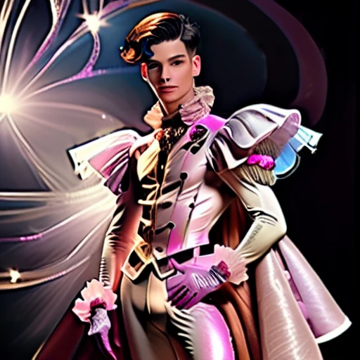 man, crown, pink hair, ring, male focus, dark skin, navel, cotton, hands on hips, avant grade fashion, 1boy, brown eyes, frills, looking at viewer, velvet, hands in pockets, perfect eyes, realistic, brown hair, white pants, long sleeves, dressed in haute couture garments, dress, short hair, full body, black background, pink flower, gloves, white footwear, lace, white gloves, arms at sides, sparkle, different poses, lips, jewelry