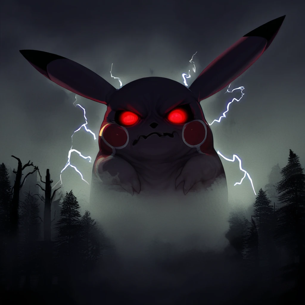 source_anime, source_game, score_9, score_7_up, CR33P1NGF0G, fog, (no humans), 1 pokemon, solo, (Pikachu), pokemon_(creature), (electricity), (tail), face hidden, partially obscured, red eyes, glowing eyes, (foggy), (haze), eerie, creepy, ominous, fog, dark, night, haze, no_humans, scenery, forest, detailed background, halloween, horror