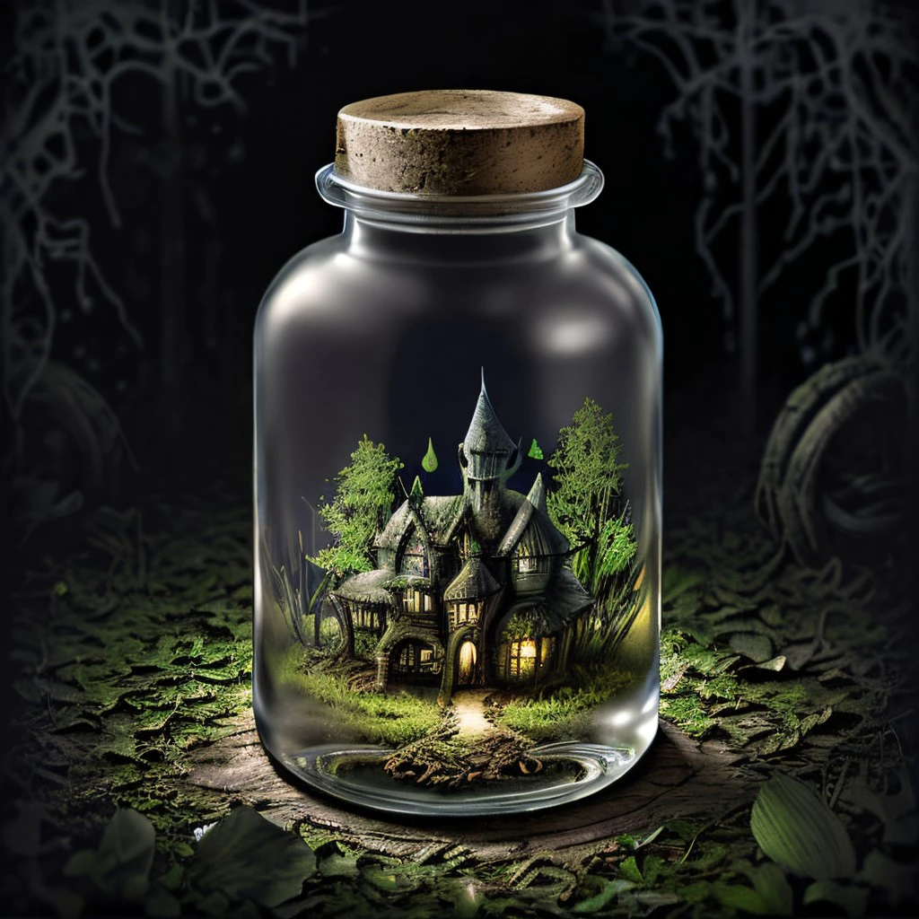 enchanted swamp, haunted house in a glass bottle,  <lora:GlassBottle:0.7>