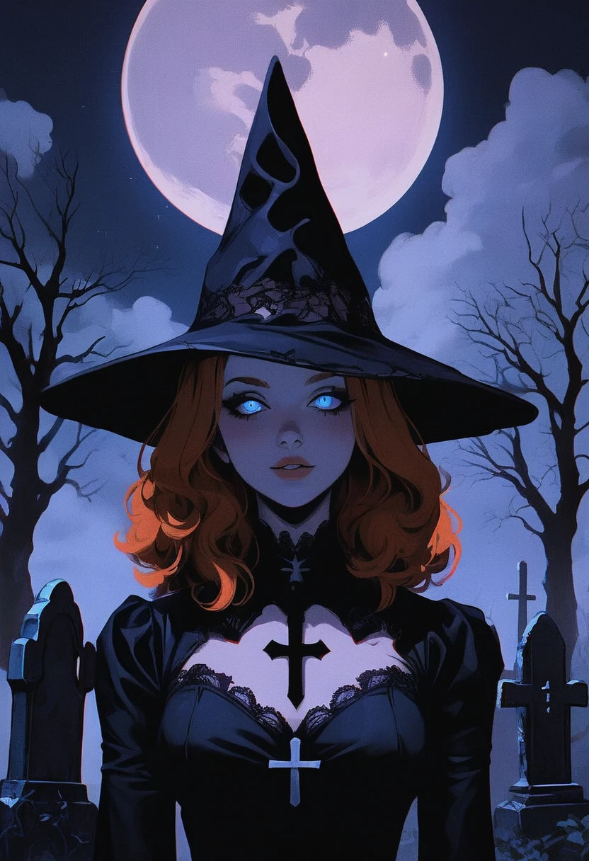 score_9, score_8_up, score_7_up, GLSHS, halloween, tombstone, graveyard, tree, moon, bare tree , 1girl, staring at viewer , black witch costume , orange hair , blue eyes , ((Masterpiece, high quality, best quality, beauty and aesthetics,detailed face)), outdoors, cross, sky, grave, full moon, cloud, night, glowing, bats, ghost on background, 