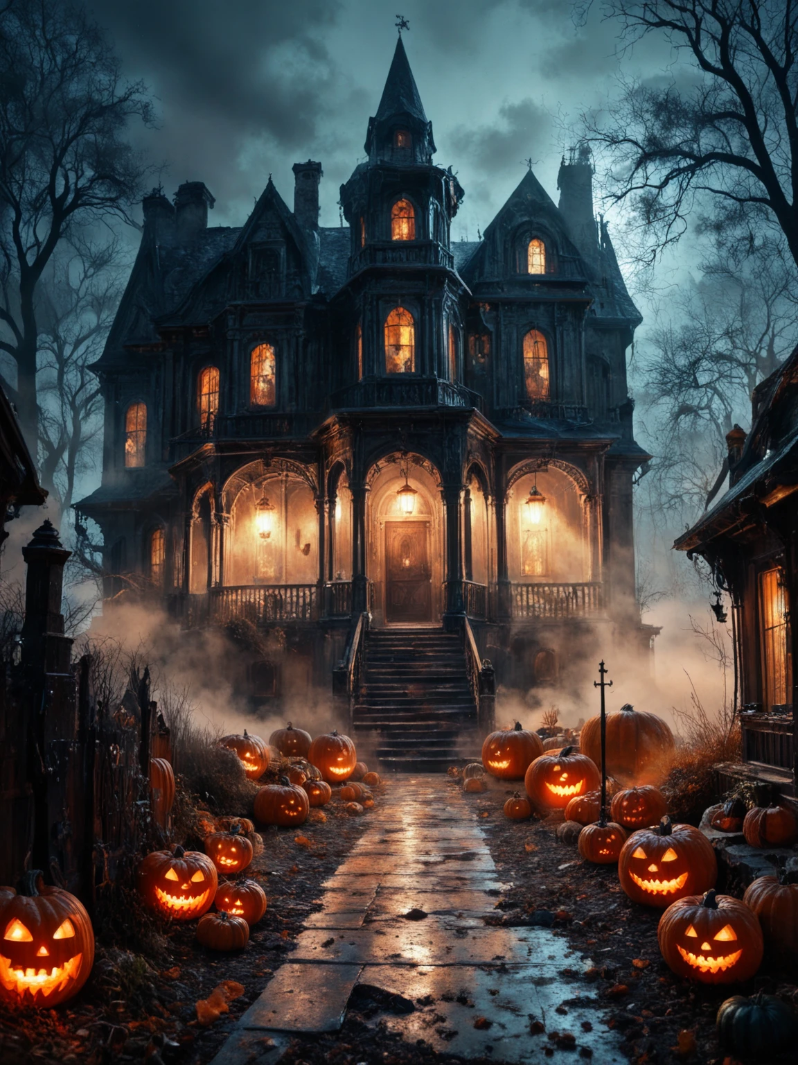 score7_up, <lora:Misty-Halloween_pXL_LOREVER-000010:0.7> hallomist, Photography of a lonely manor in the mist, strange atmospher, fog, night, dark scenery, tombs, pumpkins, detailed realistic architecture, perfect contrasts, detailed shadows, low key lighting