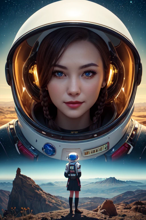 masterpiece,best quality,ultra detailed,highres,high-resolution,4k,4k portrait,8k,(8k portrait),unity 8k wallpaper,extremely detailed CG,realistic,RAW photo,real person(portraitphotography),photorealistic,detailed skin, (No-man's-sky Game Design Picture:1.1),(1girl),Bizarre animal,The girl is wearing space suit,A spaceship is flying in the sky,Face the front,On the ground,Ground,any moon floating in the sky,(face),((front)),(A girl looking in front),18 -year -old British woman,smile,fun,((Alien and commemorative photo)),((Bizarre creatures and commemorative photos)),(Giant spacecraft),Above the knees,Spread earth,Stand on the hill,(Alien standing next to a girl),(A strange creature is attached to her),With a yellow mesh in the blue god,Classic French Braid,eye_color,amb,portrait512 Cyborg512 Tay512, electronics, motors, wires, buttons, lcd,traditional media,abstract dream, space, intricate, grand scale, alone, cinematic film still, insane detail, sharp focus, depth of field, realistic lighting, (realistic perspective), complex, (multiple subjects), 4k HDR,